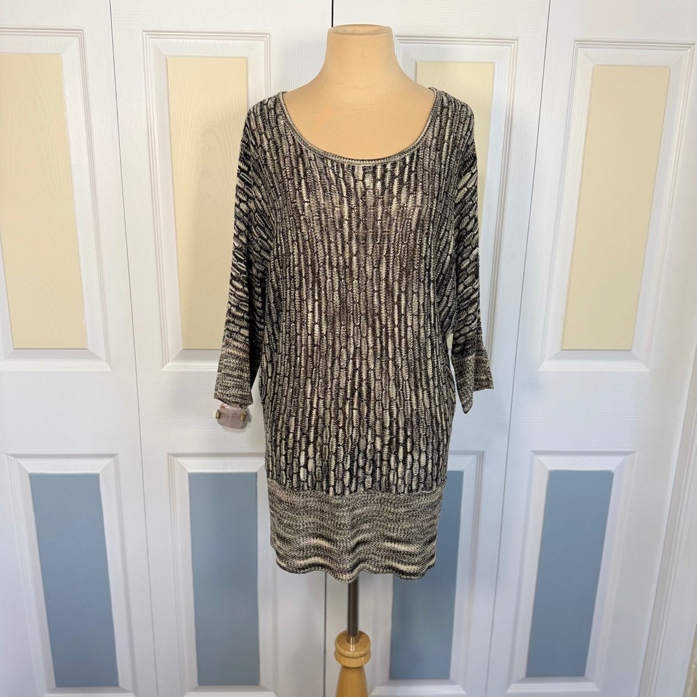 John Paul Richard Womens XL Metallic Black Knit Batwing Sleeve Tunic Sweater